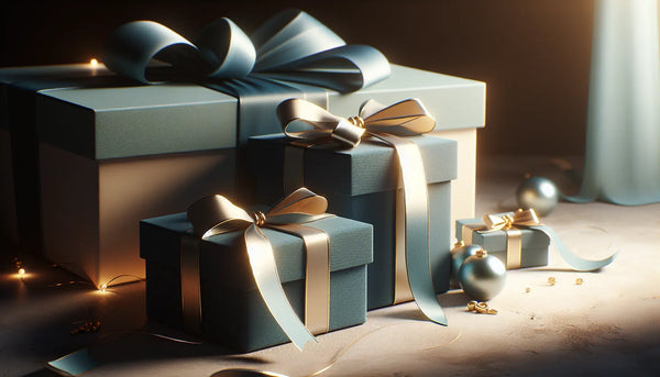 Elegante, schlanke Geschenkboxen mit blauen Schleifen auf hellem Untergrund in ruhiger, warm einladender Atmosphäre, realistische Texturen und sanfte Beleuchtung, Steelmonks-Farbschema.