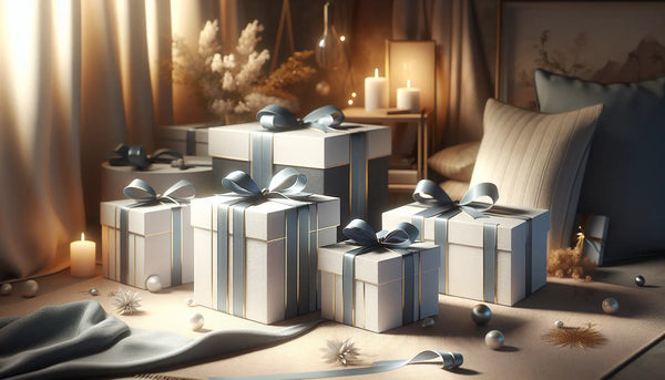 Elegante, schlanke Geschenkkartons mit persischem Blau und warmen Akzenten, fröhliche Geburtstagsfest-Atmosphäre mit Ballons im Hintergrund.