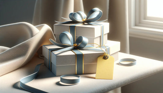 Elegantes Geschenk mit blauer Schleife auf weißem Tisch, warmes Licht, hochwertige Texturen, freundliche Atmosphäre im Steelmonks Design.
