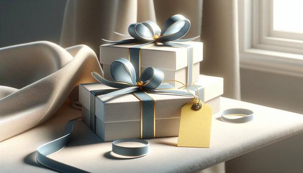 Elegantes Geschenk mit blauer Schleife auf weißem Tisch, warmes Licht, hochwertige Texturen, freundliche Atmosphäre im Steelmonks Design.