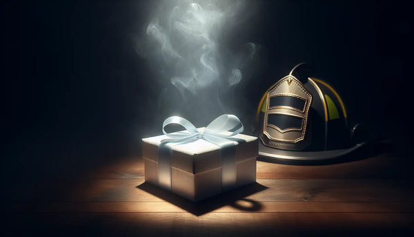 Elegantes Geschenk in weiß mit blauer Schleife auf Holz, warmes Licht, dezente rauchige Atmosphäre, Steelmonks Farben, freundliche Stimmung