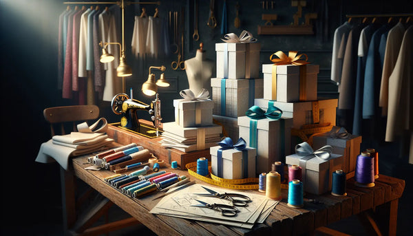 Realistisches Nähatelier mit hochwertigen Nähutensilien, eleganten Geschenken in Steelmonks Farben, warmem Licht und kreativer Atmosphäre