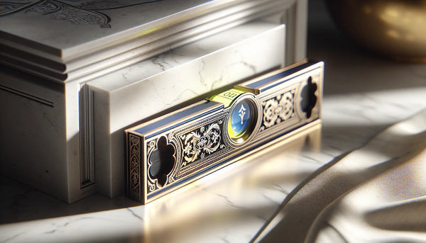 Engraved spirit level and elegant guild plaque in natural light symbolizing pride and precision of tile setter craftsmanship.