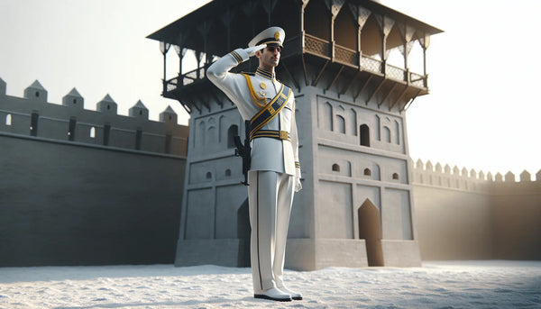 Stolzer Soldat salutiert vor historischem Wachturm in Steelmonks-Farben mit warmem, realistischem Licht und eleganter Atmosphäre.
