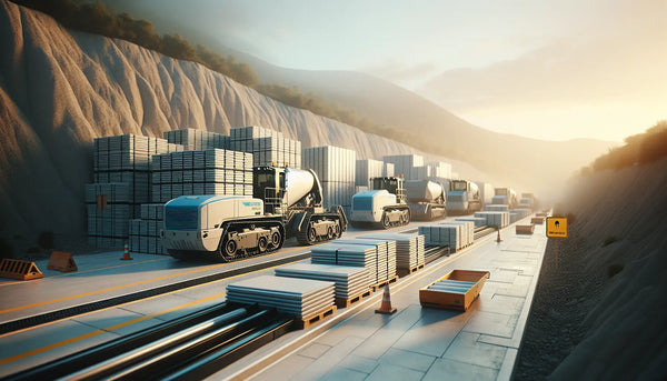 Realistisches Bild einer Straßenbaustelle mit Maschinen und Materialien in Steelmonks Farben ohne Menschen, freundlich und warm beleuchtet.