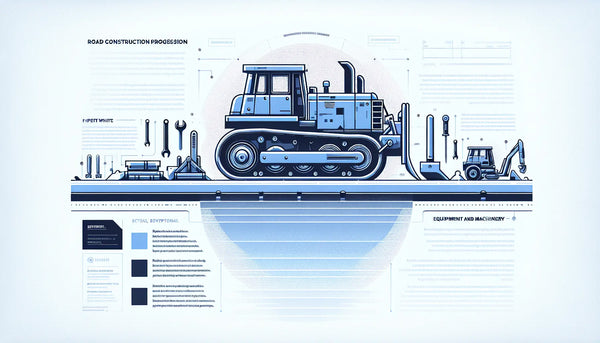 strassenbaumaschine als einfache vektorgrafik auf hellem hintergrund mit werkzeug und infotext zu strassenbau fortschritt