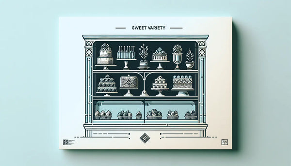 Minimalistisches Regal in traditioneller Konditorei mit stilisierten Torten Petits Fours und Pralinen in klaren Linien auf hellem Hintergrund mit Text zur suessen vielfalt