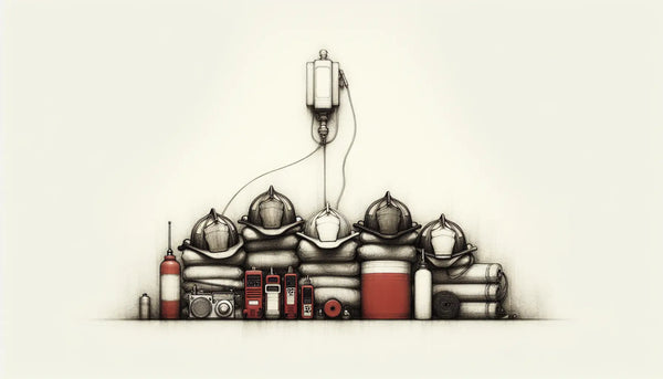 Skizzenhafte Szene mit angedeuteten Feuerwehrgeräten in ruhiger und symbolischer Komposition