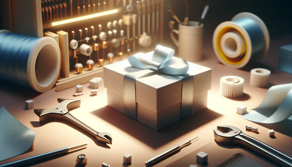 Elegante Geschenkbox mit blauem Band in ruhiger Werkstattumgebung, symbolisch für Elektriker und Wertschätzung im Handwerk.