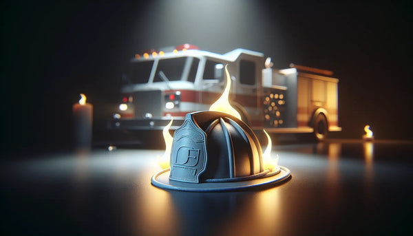 Symbolischer Feuerwehrhelm vor sanften Flammen und Löschfahrzeug in Steelmonks Farben, realistisch und warm beleuchtet.