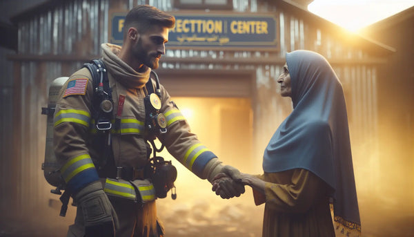 Symbolischer Handschlag zwischen Feuerwehrmann in voller Ausrüstung und dankbarem Bürger vor ruhigem Feuerzentrum, warme Atmosphäre, Steelmonks Farben