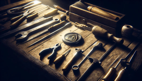 Symbolischer Zunftanhänger auf rustikalem Handwerkstisch mit Werkzeugen, elegant beleuchtet im Steelmonks Farbschema.