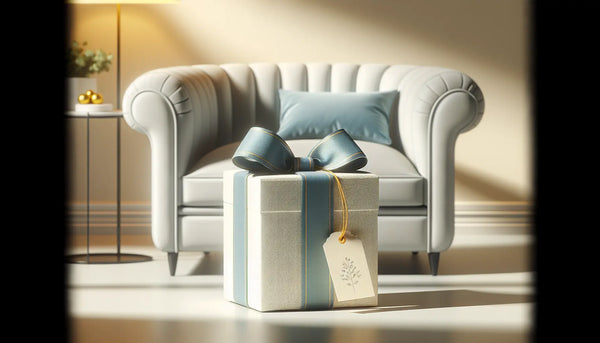 Elegantes Geschenk mit blauem Band und gelbem Etikett in ruhigem, modernem Wartezimmer, warme Atmosphäre, Steelmonks Farbpalette.