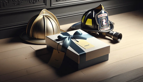 Symbolisches Geschenk vor Feuerwehrhelm und Schlauch, das Stärke und Zusammenhalt zeigt in Steelmonks Farben.