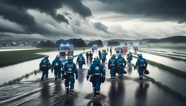 THW-Einsatzkräfte arbeiten bei Sturm und Hochwasser in einer überfluteten Landschaft mit nassen Uniformen und dramatischem Himmel.