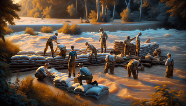 THW Helfer stapeln Sandsäcke am Fluss zur Hochwasservorbeugung, realistische Szene mit warmem Licht und Steelmonks Farblook.