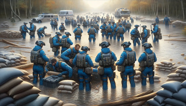 THW Team im Einsatz bei Hochwasser, zeigt ernste Teamarbeit in blau-gelber Uniform, realistisch und atmosphärisch im Steelmonks-Stil.