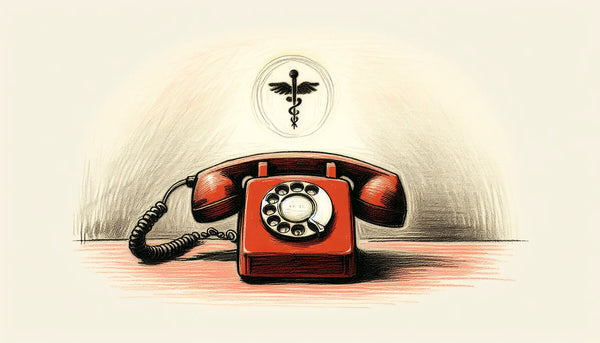 Skizzenhaftes Telefon mit Wähltasten und Gesundheitszeichen minimalistisch in Rot und Schwarz