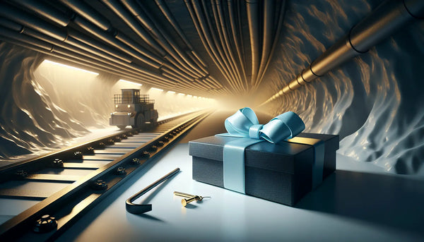 Modernes Bergwerk unter Tage mit elegant verpacktem Geschenk in Steelmonks-Farben, warme Beleuchtung und ruhige Atmosphäre.