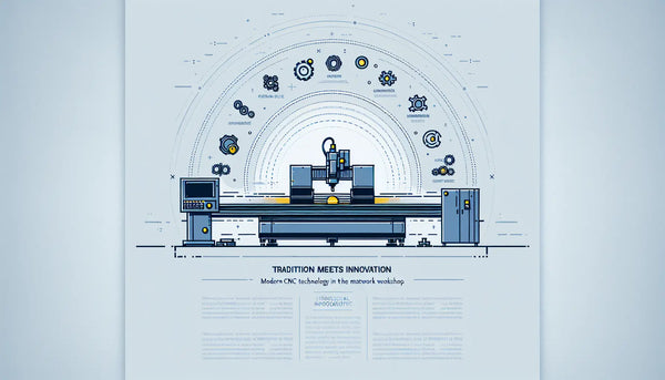 stilisiertes CNC Maschinen Symbol als einfache Vektorgrafik auf hellem Hintergrund mit Text zu tradition trifft innovation moderne CNC Technik in metallbauwerkstatt