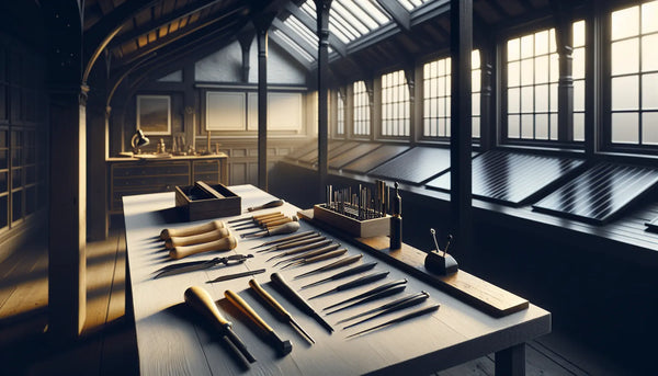 Realistisches Bild einer Dachdeckerwerkstatt mit Werkzeugen und moderner Solartechnik, warmes Licht, elegante Komposition im Steelmonks-Farbschema