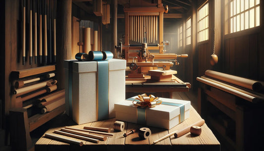 Schlanke Geschenkboxen mit blauen und gelben Bändern auf Holztisch im traditionellen Handwerksatelier mit moderner Holztechnik, warmes Licht.