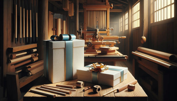 Schlanke Geschenkboxen mit blauen und gelben Bändern auf Holztisch im traditionellen Handwerksatelier mit moderner Holztechnik, warmes Licht.