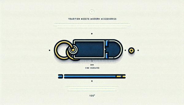 Minimalistische Illustration eines gravierten Metall-Schlüsselanhängers in zeitlos modernem Design auf weißem Hintergrund mit dezenten blauen Linien und gelbem Akzentpunkt.