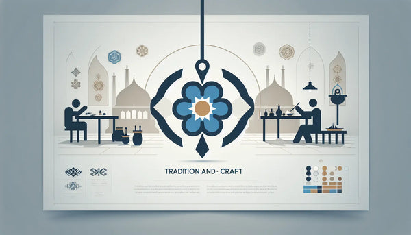 Minimalistischer, stilisierter Zunftanhänger als geometrische Vektorgrafik in Persian Blue mit gelbem Akzentpunkt auf ruhigem Ghost White Hintergrund. Text Tradition und Handwerk mit Stichpunkt Moderne Gestaltung trifft Tradition.