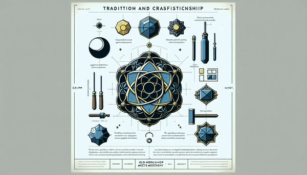 Minimalistischer Zunftanhänger in Persian Blue mit gelbem Akzent auf weißem Hintergrund, symbolisch für traditionelle Steinmetzwerkstatt und Handwerk.