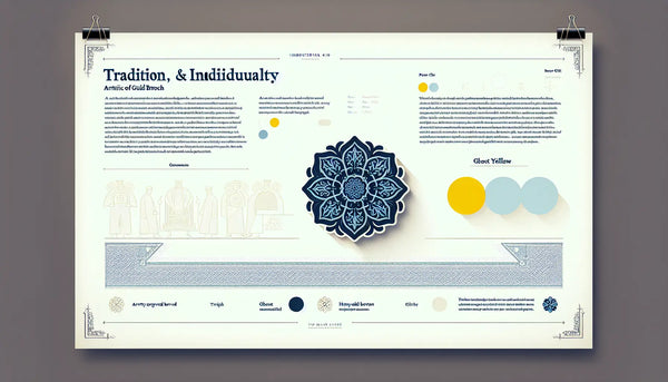 Minimalistische Illustration einer stilisierten Zunft-Brosche in Persian Blue mit feinen Linien und gelbem Akzent auf weißem Ghost White Hintergrund, symbolisiert Tradition und Individualität