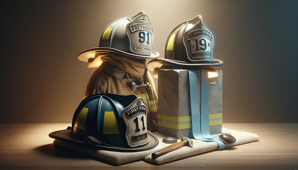 Moderner und historischer Feuerwehrhelm nebeneinander als Symbol für Tradition und Innovation im Grußwesen, stilvoll im Steelmonks Design.