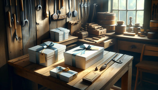 Werkstatt mit eleganten, schlanken Geschenkboxen in Steelmonks-Farben, warme Atmosphäre, Tradition trifft moderne Handwerkskunst
