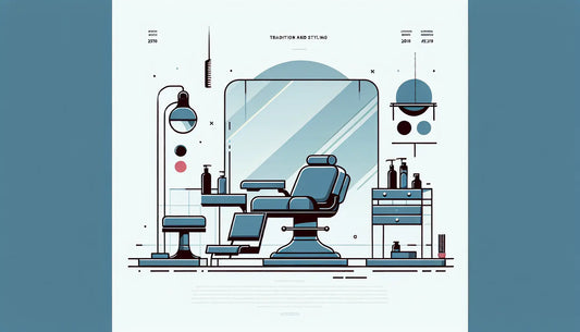 stilisiertes friseurstuhl und spiegel als klare vektorgrafik auf hellem hintergrund mit text zu tradition und styling