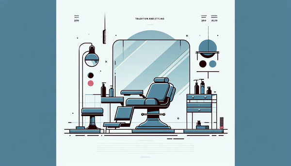 stilisiertes friseurstuhl und spiegel als klare vektorgrafik auf hellem hintergrund mit text zu tradition und styling
