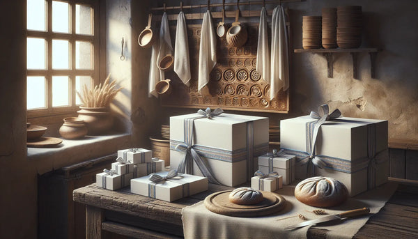 Traditionelle Bäckerwerkstatt mit frisch gebackenem Brot, klassischen Backformen und stilvollen Geschenkboxen in Steelmonks Farben.