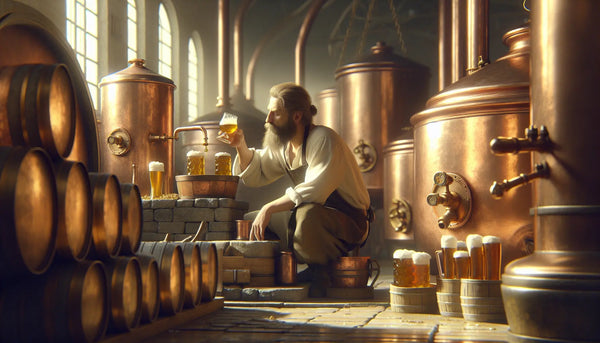Ein Brauer verkostet Bierproben in einer traditionellen Kupferkessel-Brauerei, warm und einladend im Steelmonks Farblook.