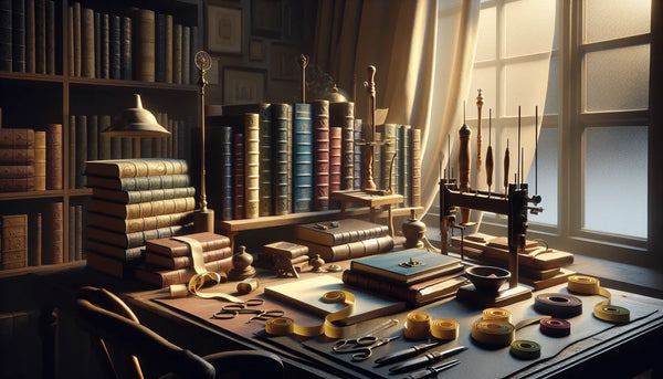 Innenansicht einer Buchbinderei mit Werkzeugen, alten Büchern und bunten Buchrücken auf einem Tisch, stimmungsvolles, warmes Licht, Steelmonks Farbpalette.