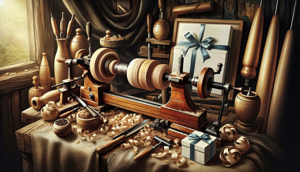 Traditionelle Drechselbank mit Holz und klassischen Werkzeugen in warmem, stimmungsvollem Ambiente mit elegant verpackten Geschenken in Steelmonks-Farben.