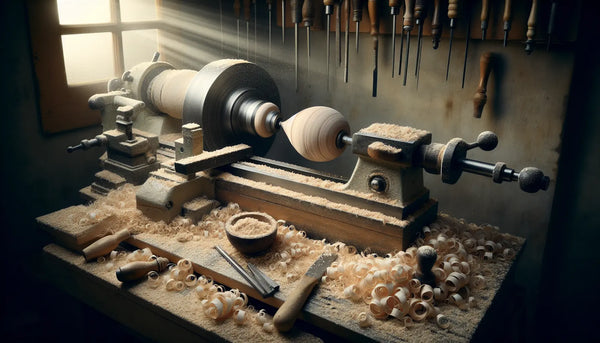 Traditionelle Drechselbank mit unfertigem Holzstück und Holzspänen für Handwerkskunst und Geduld in warmem, ruhigem Steelmonks-Look.
