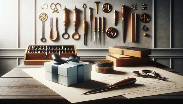 Realistische Handwerkerwerkstatt mit eleganter Geschenkbox in Steelmonks-Farben und klassischen Werkzeugen, warm und einladend inszeniert.