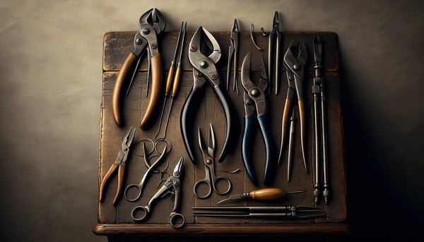 Klassische Klempnerwerkzeuge wie Blechschere und Falzzange auf altem Holztisch im warmen, minimalistischen Steelmonks-Design.