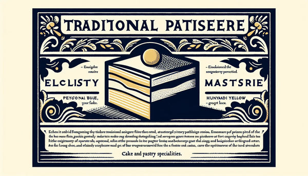 stilisiertes kuchenstueck als klare reduzierte vektorgrafik auf hellem hintergrund mit text traditionelle konditorei
