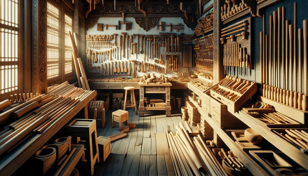 Traditionelle Tischlerei mit Holzwerkzeugen und Planken in Steelmonks Farben, warme Atmosphäre und detailreiche, hochwertige Darstellung.