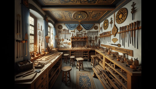 Realistische Werkstatt mit traditionellen Zunftzeichen, warm beleuchtet, Holzwerkzeuge und eleganten Steelmonks-Farben in entspannter Atmosphäre