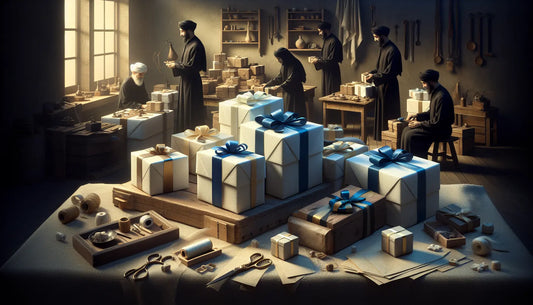 Traditionelle Zunftversammlung: Handwerker in schwarzer Kleidung um alten Tisch mit handgefertigten Holzteilen und eleganten Geschenken mit blauem Band.