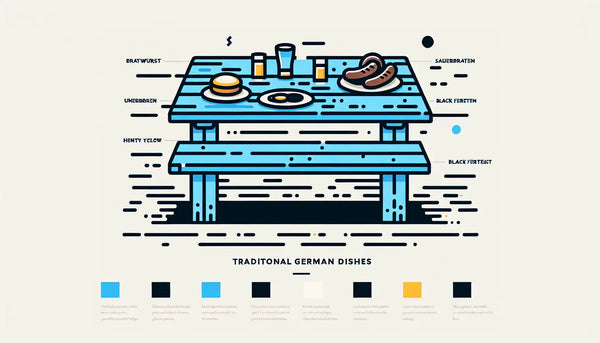 reduzierte vector darstellung von holztisch mit bratwurst sauerbraten schwarzwälder kirschtorte auf ruhigem hellen hintergrund mit text zu traditionellen deutschen gerichten