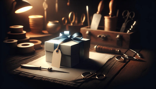 Elegantes Geschenk in Werkstatt mit nostalgischen Handwerkzeugen und modernem Design im Steelmonks-Look, warm und einladend inszeniert