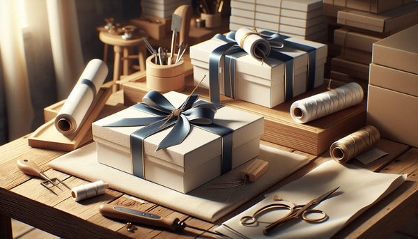 Werkstatt mit stilvoll verpackten Geschenken in Blau und Weiß, warmes Licht und handwerkliche Atmosphäre im Steelmonks-Design