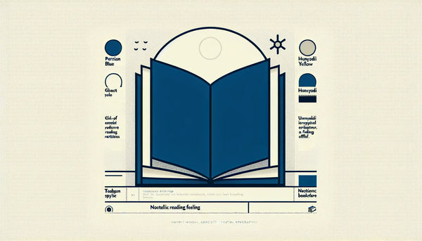 Minimalistisches stilisiertes offenes Buch in Persian Blue mit gelbem Akzentpunkt auf ruhigem weißen Hintergrund. Überschrift Traditioneller Buchladen mit Stichpunkt nostalgisches Lesegefühl.